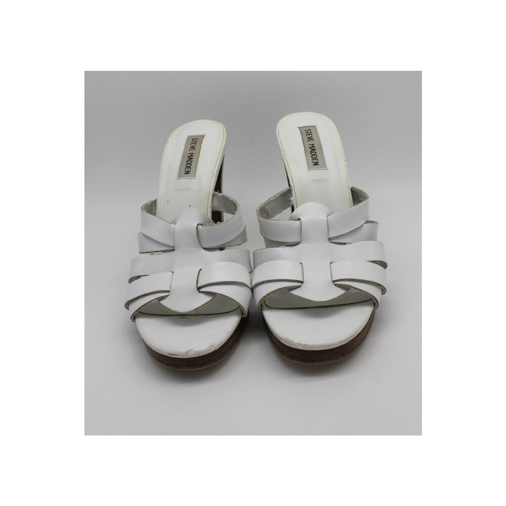 Steve Madden White‎ Leather Open Toe Block Heel Sandals Shoes Heels Size 7.5